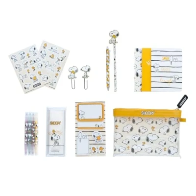 Image of Grupo Erik Snoopy Stationery Set Pencil Case With A6 Notebooks, Highlighters, Sticky Notes, Paper Clips, Stickers, Pen, Merchandise Gifts