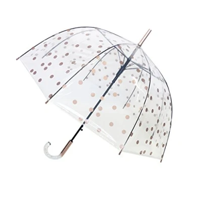 Image of SMATI Paris Lady’s Clear Birdcage umbrella in Coppery Metallica color Dots Transparent; Windproof; Auto open; Crystal style handle; French design; Dome shape