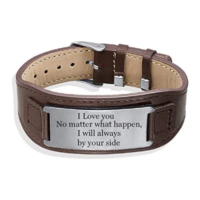 Image of KAULULU Personalised Medical Alert Leather Bracelets for Mens Womens Stainless Steel Adjustable Band Emergency Bracelet With Engrave ID Text and Symbol Gift Father Boyfriend M (#2)