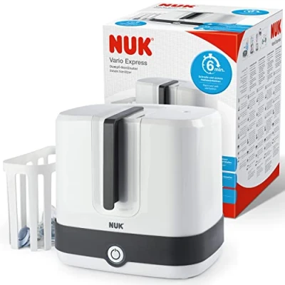 Image of NUK Vario Express Bottle Steriliser Steam Sterilises up to 6 Baby Bottles &amp; Accessories in Minutes Auto Switch Off Removable Basket Poles UK 3 Pin Plug