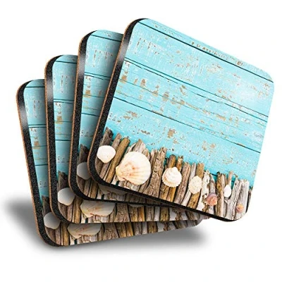 Image of Destination Vinyl ltd Great Coasters (Set of 4) Square Seaside Drift Wood Sea Shells Drink Glossy Coasters/Tabletop Protection for Any Table Type #15789