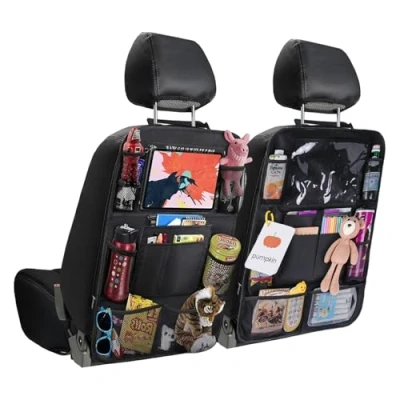 Image of JUSTTOP Black Car Backseat Organizer with Touch Screen Tablet Holder + 9 Storage Pockets Kick Mats Seat Back Protectors, 2 pack