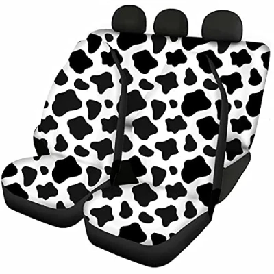 Image of Jeiento Auto Accessiores Soft 4 Piece Cow Print Universal Fit Car Seat Covers for MenWomen, SUVS,Vans,Trucks, Front Drive Cover with Bench Cover, Black and White