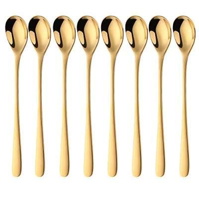 Image of BISDARUN Latte Spoons Gold Long Handle Teaspoons 18/10 Stainless Steel for Dessert Cocktail Ice Cream Sundae Coffee, 8 Inch/20.5 CM, Set of