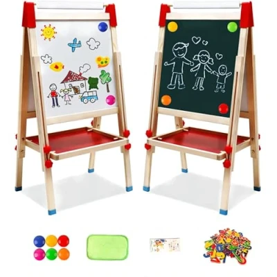 Image of Kids Easel with Paper Roll Double Sided Whiteboard &amp; Blackboard Standing Numbers and Other Accessories for Toddlers (T04)