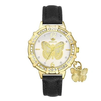 Image of JewelryWe Leather Wrist Watch for Women Round Analog Quartz Stylish Bling Rhinestones Butterfly Dress Xmas