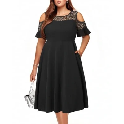 Image of Pinup Fashion Plus Size Cocktail Lace Chiffon Graduation Formal Party Evening Midi Dress Black 24