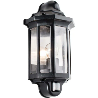 Image of Traditional PIR Outdoor Wall Lantern Satin Black Paint, Clear Polycarbonate IP44, E27