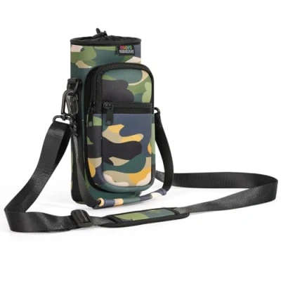 Image of Nuovoware Water Bottle Carrier Bag, 25oz/32oz Pouch Holder, Adjustable Shoulder Hand Strap 2 Pocket Sling Neoprene Sleeve Sports Accessories for Hiking Travelling, Camouflage Green