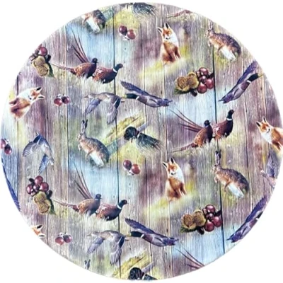 Image of linen702 Vinyl Pvc Tablecloth 54 inch Round (137cm) Country Scene of Foxes, Ducks and Pheasants in Browns Greens, 4 Seater Size, Wipe Clean, Textile Backed Plastic Circular Table Cloth (204)