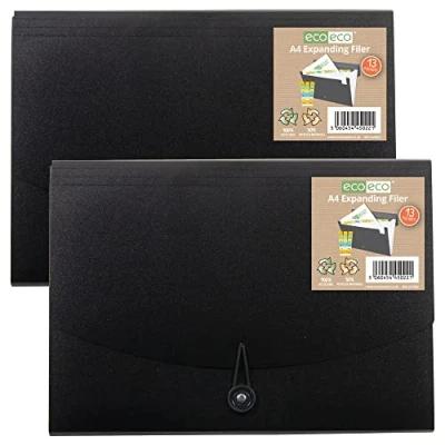 Image of eco A4 50% Recycled 13 Clear Pocket Black Cover Expanding File Organiser Document Folder Printed Index Tabs, eco022x2
