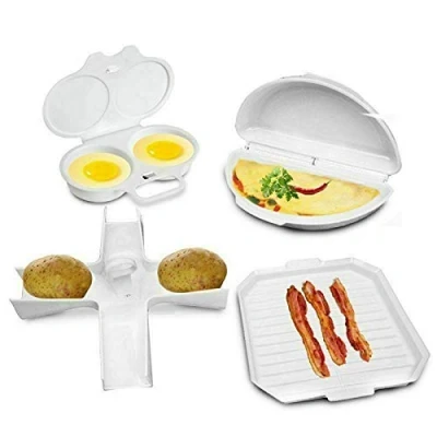 Image of Mantraraj 4 Pcs Microwave Cookware Cooker Set Rack Omelette Pan Potato Baker Double Egg Poacher Maker Bacon Tray