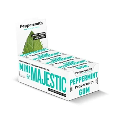 Image of Peppersmith British Peppermint Chewing Gum Vegan Friendly 100% Xylitol Plant Based Sweetener Fresh Breath Sugar Free Benefits Oral Health Pocket Packs 12x15g