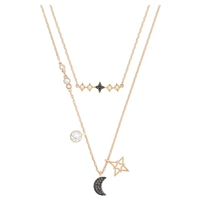 Image of Swarovski Symbolic layered necklace, Set (2), Moon and star, Black, Rose gold tone plated