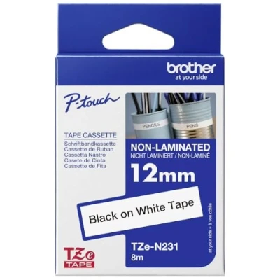 Image of Brother TZe N231 Labelling Tape Cassette, Black on White, 12mm (W) x 8M (L), Non Laminated, Genuine Supplies TZEN231