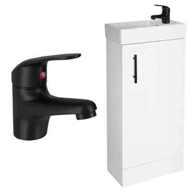 Image of Gloss White 400mm Bathroom Vanity Basin Sink Unit &amp; Black Tap Waste Handle Set