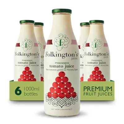 Image of Folkington&#039;s Fruit Juice, Tomato 6 Large Glass Bottles, Pressed Bulk Pack 1 Litre of