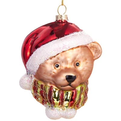 Image of BRUBAKER Teddy Bear with Scarf and Christmas Cap Handpainted Glass Bauble Mouthblown Tree Decoration Figures Funny Pendant Ball 3.7 inches (9.5 cm)
