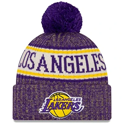 Image of New Era Unisex Adult NBA Official Sport Knit Sideline Cuffed Pom Beanie Hat, Los Angeles Lakers, One size