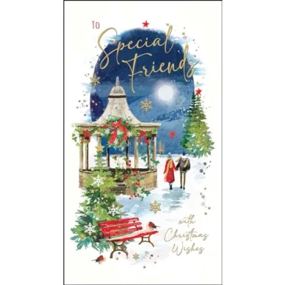Image of Special Friends Christmas Card Couple Walking in the Snow Artistic Festive Design Finishes and Illustrated Insert Leaf Made UK