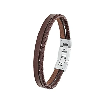 Image of s.Oliver bracelet stainless steel leather men&#039;s arm jewelry, 20+1,5 cm, silver, Comes in jewelry gift box, 2026150