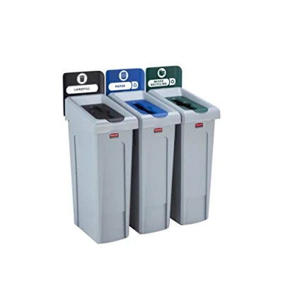 Image of Rubbermaid Slim Jim Recycling Station Bundle 3 Stream Landfill (Black)/ Paper (Blue)/ Mixed (Green) 2057606