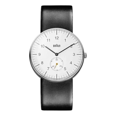 Image of Braun Three Hand Quartz Movement Watch with White Dial Analogue Display and Black Leather Strap BN0024WHBKG