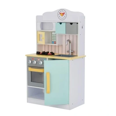 Image of Teamson Kids Little Chef Florence Classic Interactive Wooden Play Kitchen with Accessories and Storage Space for Easy Clean Up, White Mint Green Yellow Accents