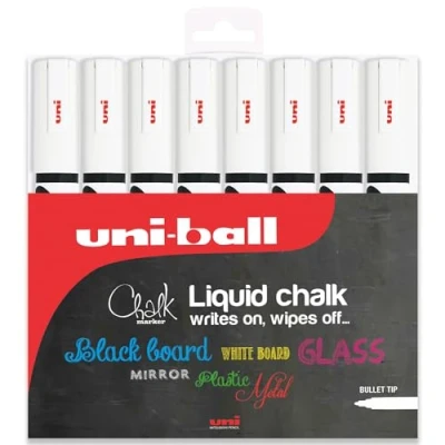 Image of Uni PWE 5M Liquid Chalk Marker Pen Whiteboard Blackboard Chalkboard Non Permanent Wallet of 8 (White)