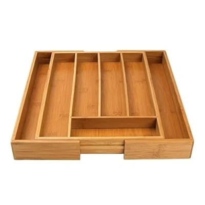 Image of electromax Wooden Bamboo Cutlery Tray,Silverware Organizer, Large Drawer Kitchen Insert, 5 7 Compartments, Adjustable, Natural Brown, Grooved Dividers,