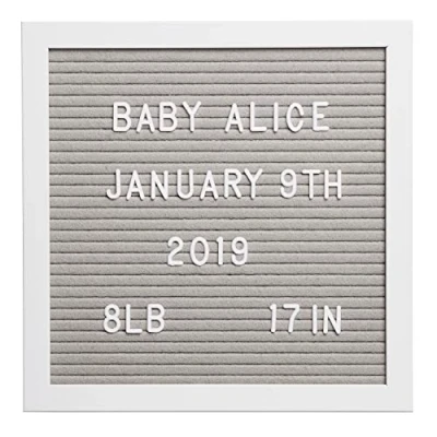 Image of Pearhead Classic Wooden Felt Letterboard, Gender Neutral Baby Keepsake Nursery Décor, Soft Photo Prop Message Board, Grey and White