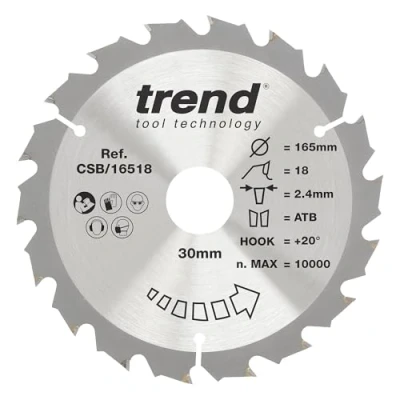 Image of Trend Wood Circular Saw Blade, 165mm Diameter, 30mm Bore, 18 Teeth, TCT, 2.4mm Kerf, +15 Hook, CSB/16518