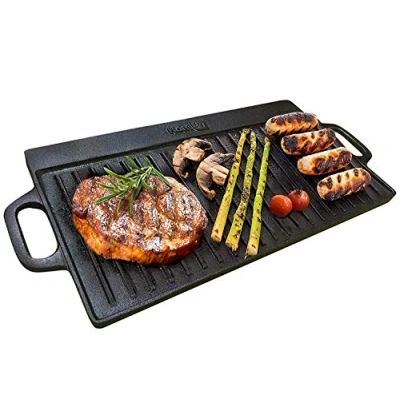 Image of Homiu Cast Iron Griddle Plate for Gas Hob BBQ Induction Pan Non Stick Double Sided Pre Seasoned Grill Dip Tray Stoves Cooking, Flat and Ridged Surfaces 50 x 23cm