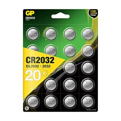 Image of GP CR2032 Lithium Button Cells 3 V, Batteries CR 2032 / DL2032, Voltage Volt (20 Pieces in 4 x Pack of 5, Individually Removable)