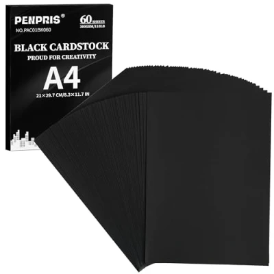 Image of 300gsm Black Cardstock 60 Sheets A4 Size Cardboard Paper Cover Card Stock 110lb Heavyweight Thick for DIY Making,Invitations,Postcards,Business Cards PAC01BK060