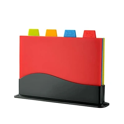 Image of Chopping Board Set Extra Thick Colour Coded Plastic Cutting Boards with Storage Stand of 4 Holder