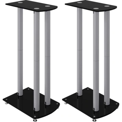 Image of vidaXL Speaker Stands 2pcs Black&amp;Silver Tempered Glass 3 Pillars Design