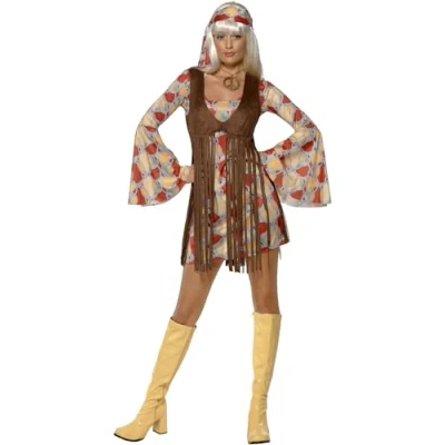Image of Smiffys, Ladies&#039; 60s Groovy Lady Costume, Dress, Vest and Headband, Hippie, SizeLBrown