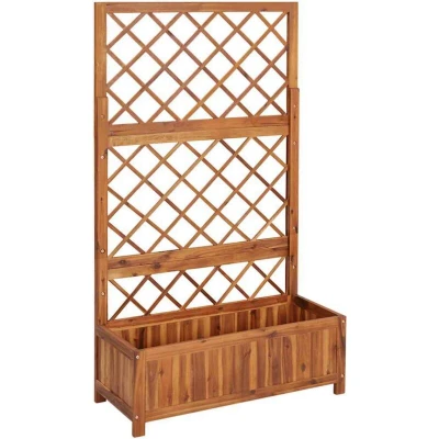 Image of vidaXL Raised Bed with Trellis Solid Acacia Wood Versatile Outdoor Planting Box for Flowers, Herbs and Climbing Plants, Weather Resistant Wooden Construction, Brown
