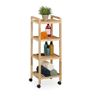 Image of Bathroom Storage Shelf, Wood, HxWxD: 97 x 35 31 cm, Rack on Wheels, 4 Tiers, for &amp; Kitchen, Natural Relaxdays