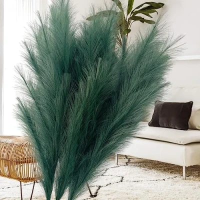 Image of Large Green Pampas Grass Artificial For Sage Living Room Accessories, Tall Artifificial Plants Indoor Floor Vase, 3 x Stems Teal Feathers Bedroom Accessories