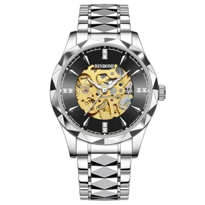 Image of JewelryWe Men Skeleton Wrist Watch: Silver Rhombus Hollow Dial Analog Mechanical Self Winding Waterproof Luminous Hand Luxury Business Engraving Stainless Steel Wristwatch