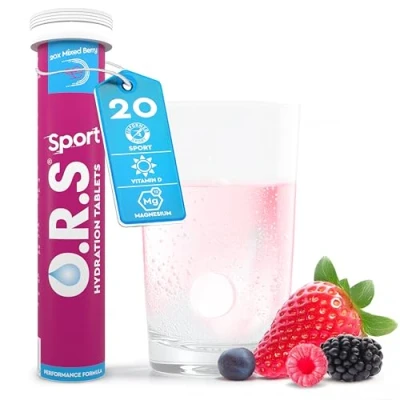 Image of O.R.S Sport Hydration Tablets with Electrolytes, Vegan, Gluten &amp; Lactose Free Formula Soluble Oral Rehydration Natural Mixed Berry Flavour, Low Calorie, Adult Children, 20