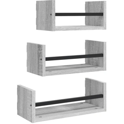 Image of vidaXL 3 Piece Wall Shelf Set with Bars Grey Sonoma Engineered wood