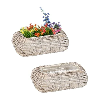 Image of Set of 2 Plant Pots, Rattan, Flower Baskets with Foil, hdw: 10x25x15cm, Indoors Curved Planters, White/Natural Relaxdays