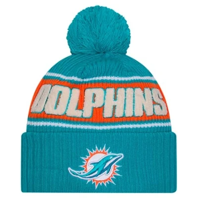 Image of New Era Unisex Adult NFL Official Sideline Team Logo Sherpa Striped Pom Beanie Cold Weather Knit Hat, Miami Dolphins Aqua, One size