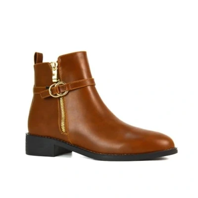 Image of ESSEX GLAM Women&#039;s Chelsea Boots Ladies Flat Low Heel Pixie Deco Buckle Zip Tan Synthetic Leather Casual Ankle Booties Shoe Size 7