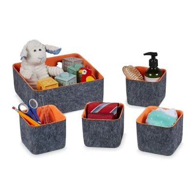 Image of Relaxdays Organiser, 5 Piece Storage Baskets for Cabinet, Wardrobe, Drawer etc, Felt, 2 Sizes, Dark Grey/Orange, 10.5 x 25 cm