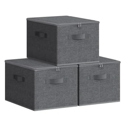 Image of SONGMICS Foldable Storage Organiser Boxes, Set of 3 Basket Bins with Lids, Handles, Clothes Organiser, 40 x 30 25 cm, Non Woven Fabric, Slate Grey RYZB03G