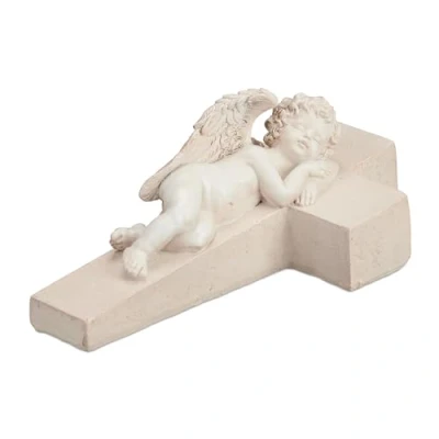 Image of Relaxdays Grave Angel, Weatherproof Frost Proof, HxWxD: 9 x 12.5 21 cm, Decorative Guardian on Cross, Polyresin, Cream